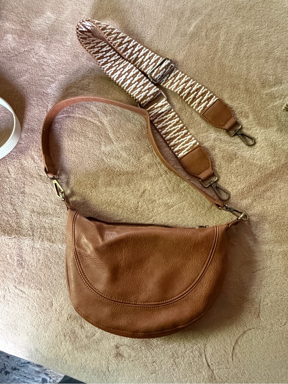 Anthropolgie Crescent Shoulder Bag with Detachable Woven Strap - Brown / Cognac
